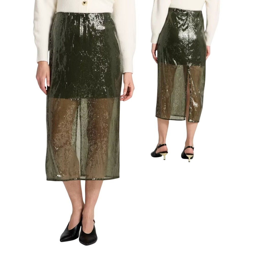 A New Day Women's Olive Green Sequin Sparkle Party Midi‎ Skirt Size M